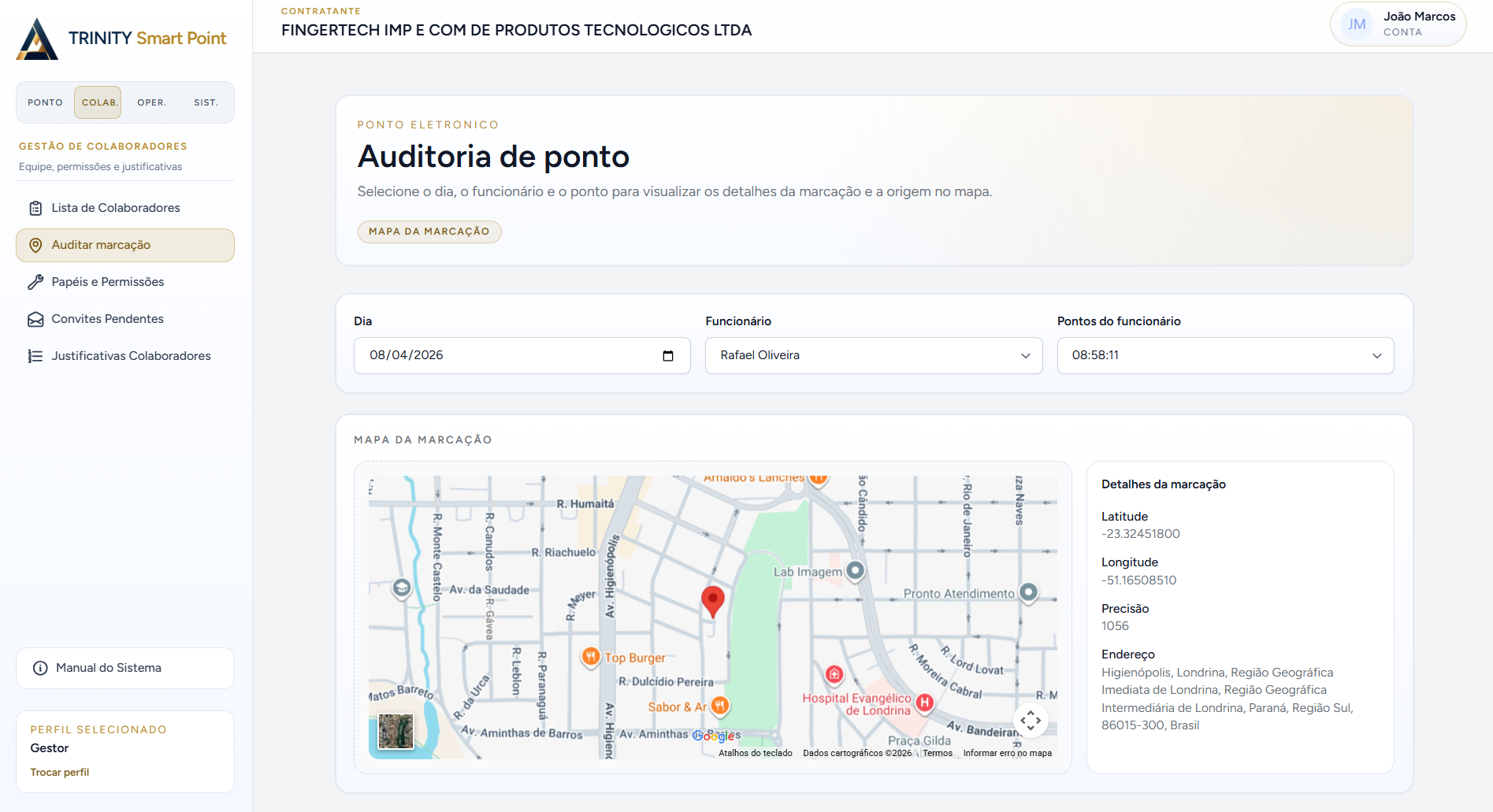 Mapa com a localização na qual o ponto selecionado foi batido.