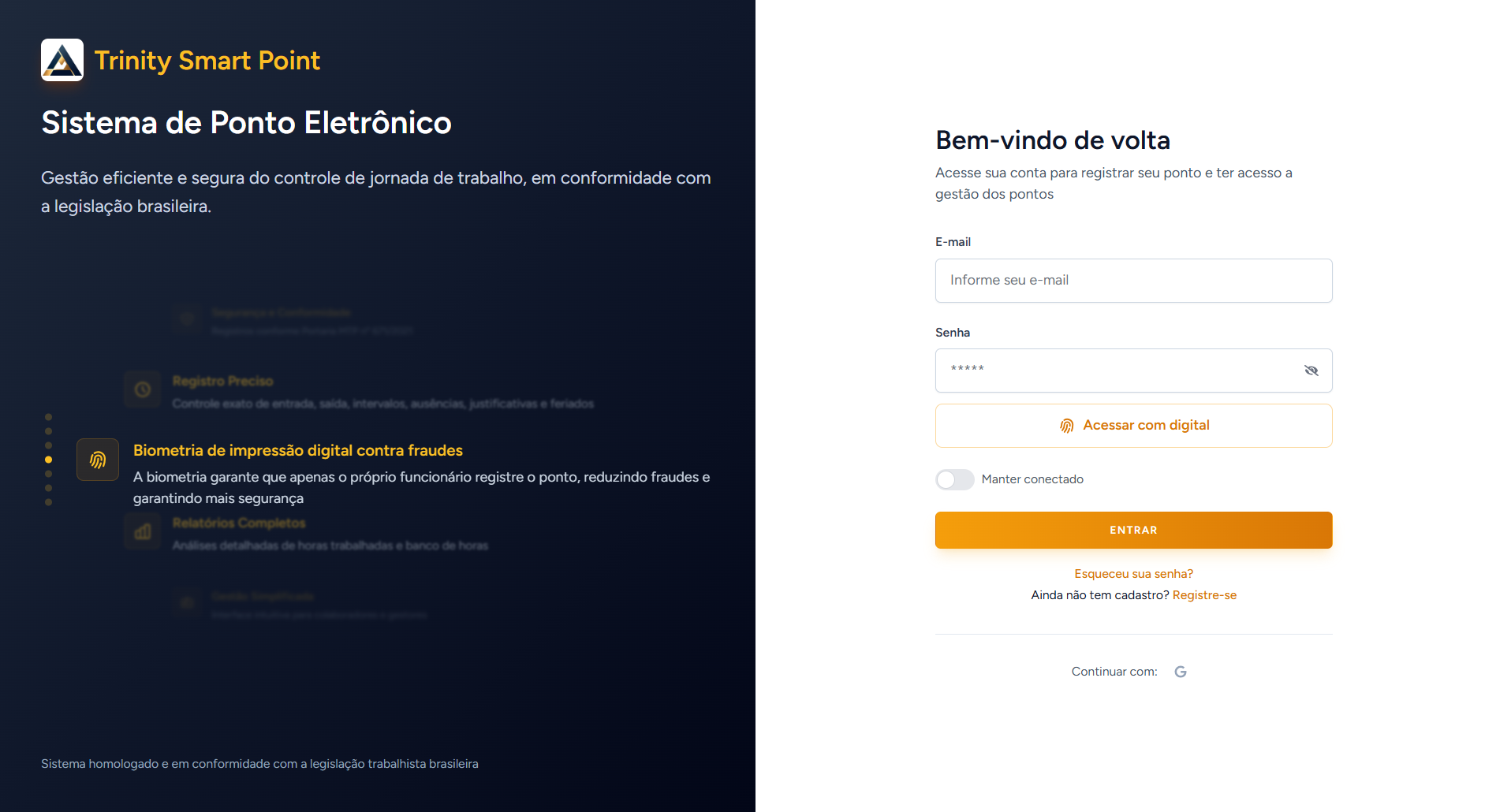 Tela de login do sistema com campos para usuário e senha, botão de login e opção de autenticação via biometria.